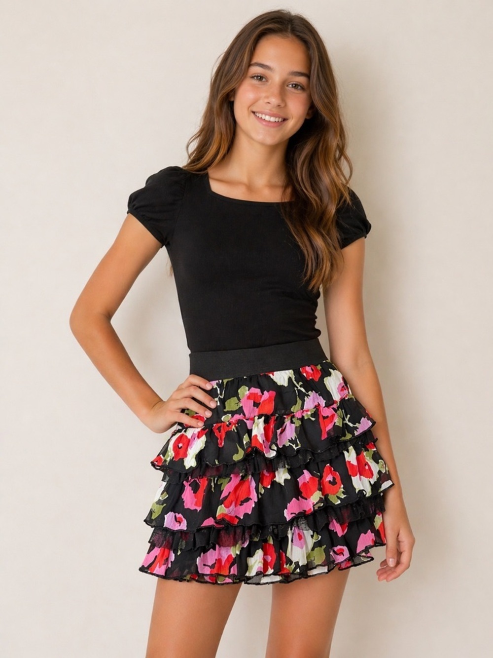 1989 Place Floral Ruffle Tiered Skirt Girls Mini Skirt 14